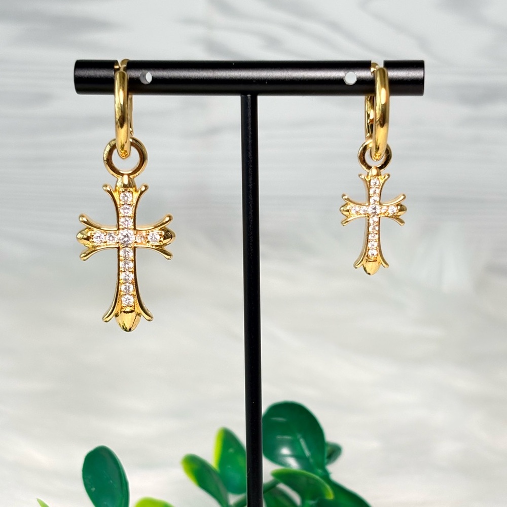 Gold Rhinestone Asymmetrical Cross‎ Hoop Earrings